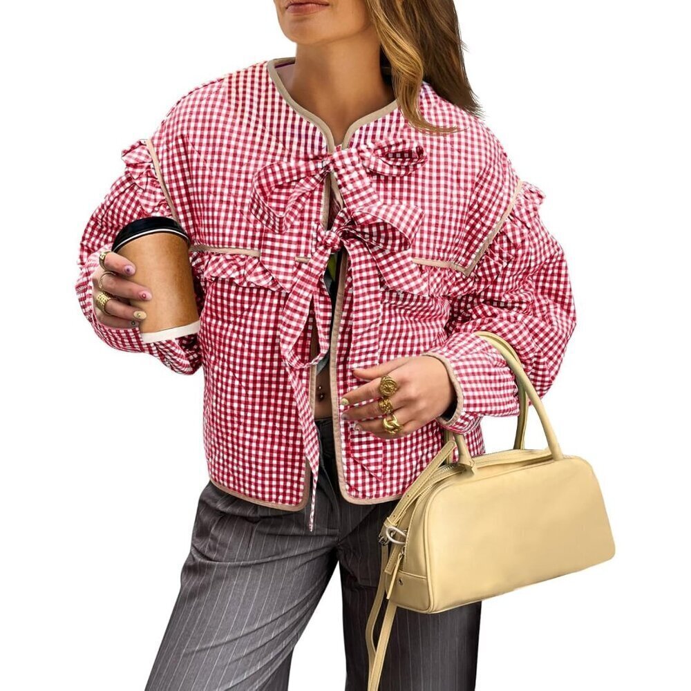 🆕Women’s Red Plaid Quilted Cropped Jacket Tie Front Ruffled Puffer Coat